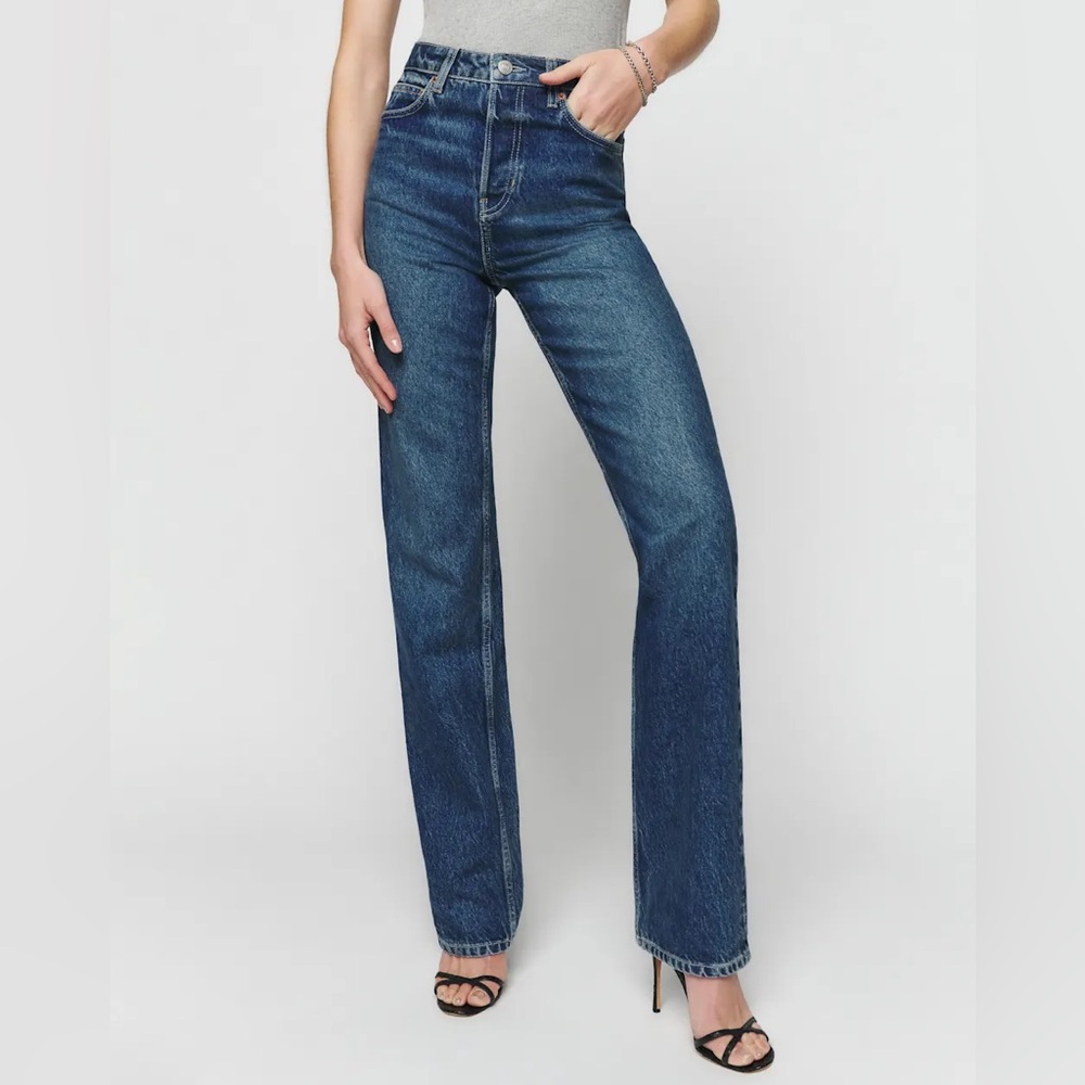 Reformation Cynthia High Rise Straight Leg Jeans Lanier Medium Blue Wash Size 28